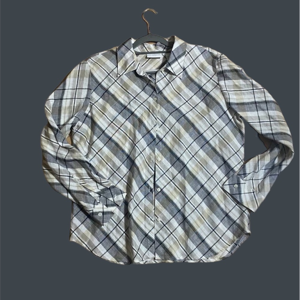 Liz Claiborne Blouse Womens large Long Sleeve Beige Gray Plaid Linen Liz Sport